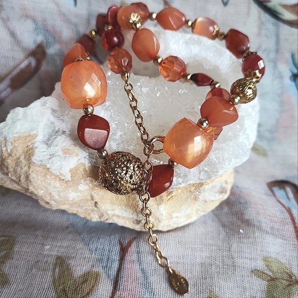 Robert Rose Signed Acrylic Tumbled Stones Gold Filigree Beads Choker Necklace - Picture 3 of 14